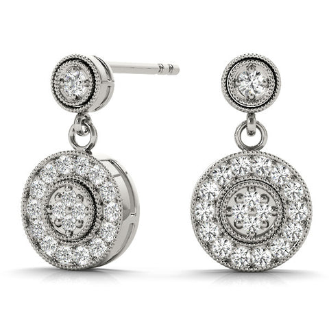 White gold Round Halo Diamond Drop Earrings with Milgrain Bezel Setting 2