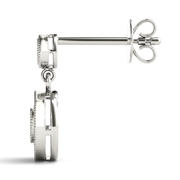 Silver Round Halo Diamond Drop Earrings with Milgrain Bezel Setting
