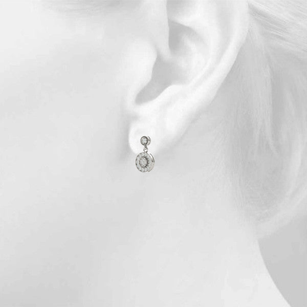 Silver Round Halo Diamond Drop Earrings with Milgrain Bezel Setting