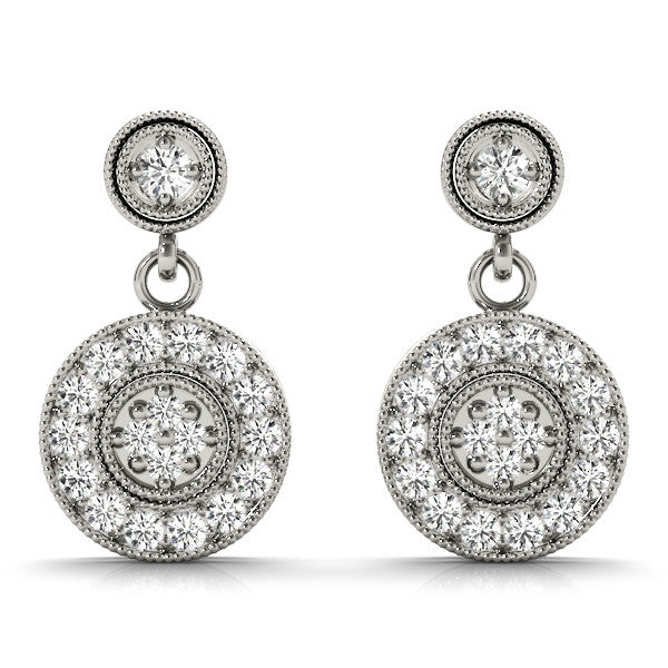 Silver Round Halo Diamond Drop Earrings with Milgrain Bezel Setting