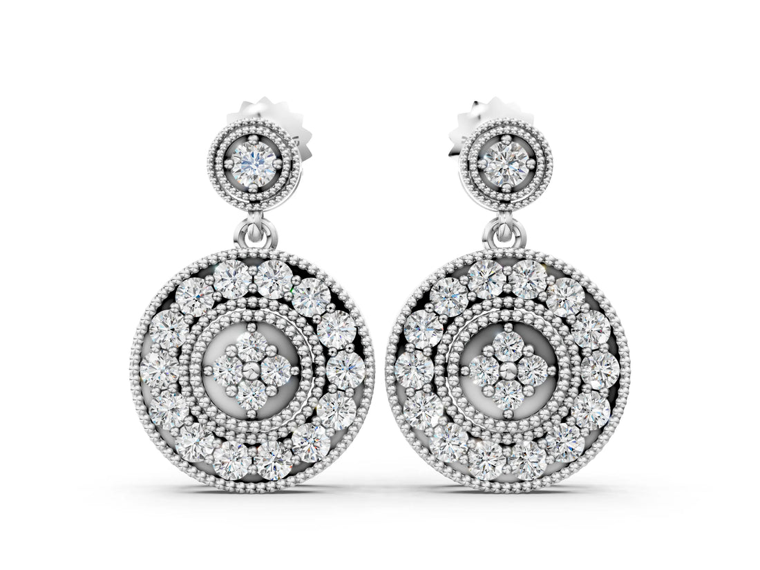 White gold Round Halo Diamond Drop Earrings with Milgrain Bezel Setting_9
