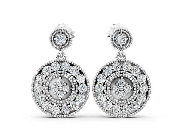 White gold Round Halo Diamond Drop Earrings with Milgrain Bezel Setting