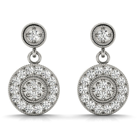 White gold Round Halo Diamond Drop Earrings with Milgrain Bezel Setting