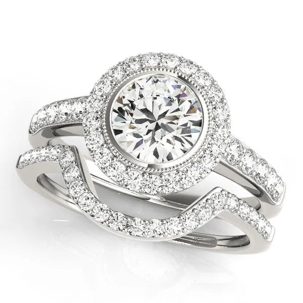White gold Round Halo Diamond Engagement Ring with Bezel Setting and Pavé Band