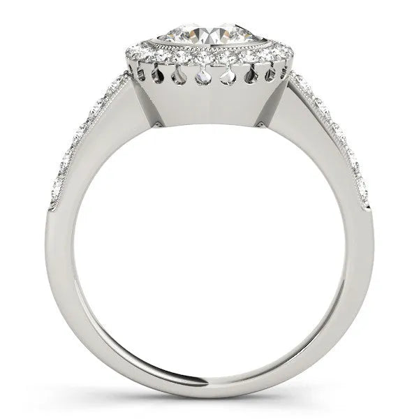 White gold Round Halo Diamond Engagement Ring with Bezel Setting and Pavé Band