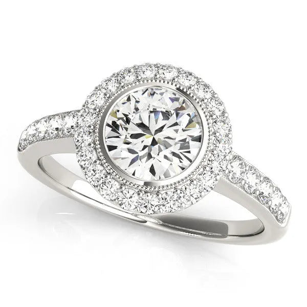 White gold Round Halo Diamond Engagement Ring with Bezel Setting and Pavé Band