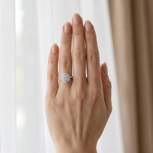 White gold Round Halo Diamond Engagement Ring with Bezel Setting and Pavé Band