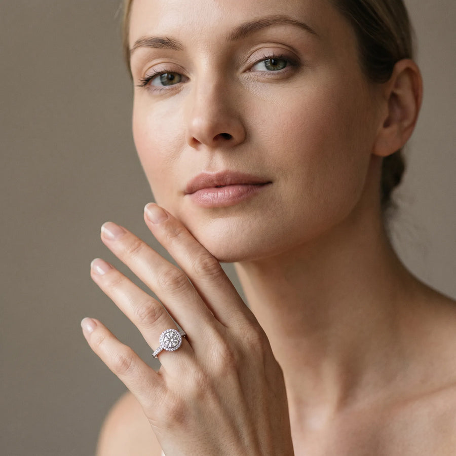 White gold Round Halo Diamond Engagement Ring with Bezel Setting and Pavé Band