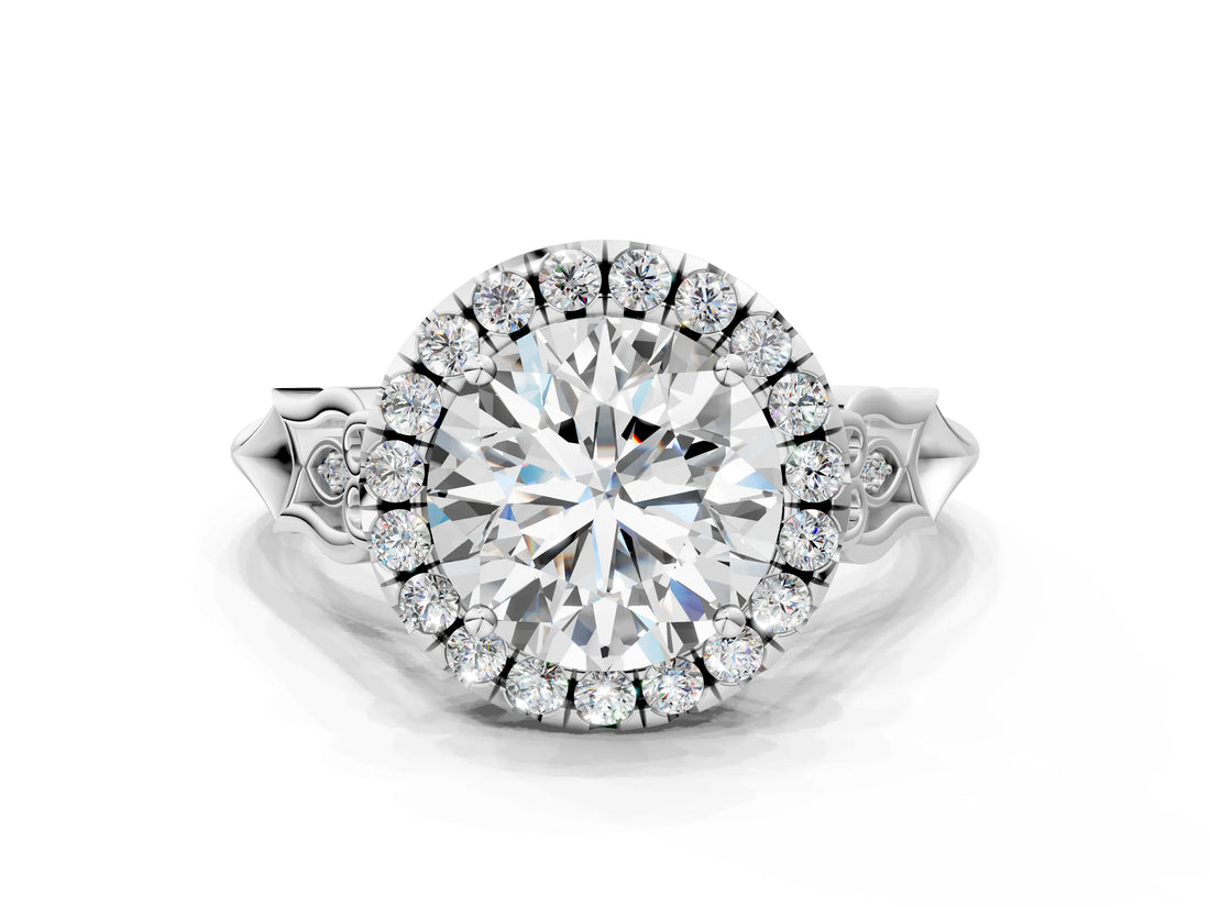 White gold Round Halo Diamond Engagement Ring with Filigree Band and Four-Prong Setting_111
