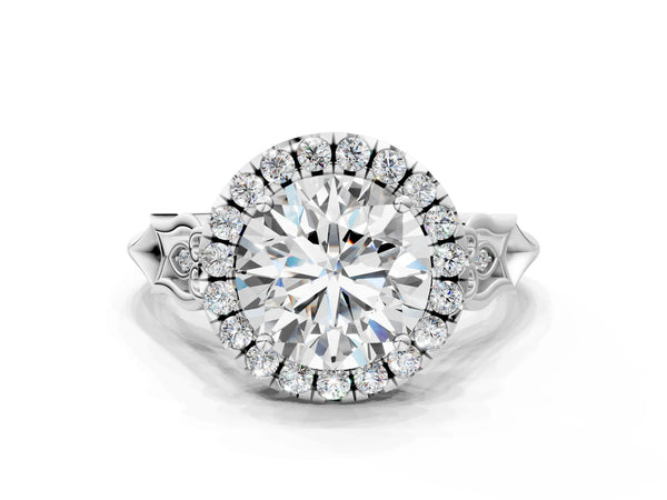 White gold Round Halo Diamond Engagement Ring with Filigree Band and Four-Prong Setting