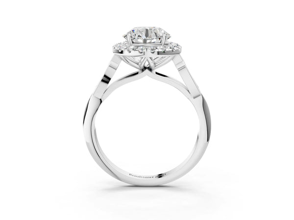 White gold Round Halo Diamond Engagement Ring with Filigree Band and Four-Prong Setting