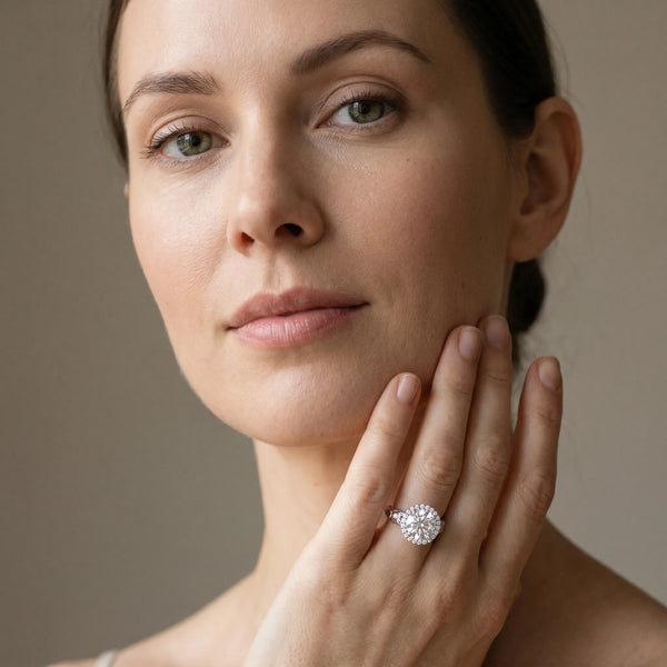 White gold Round Halo Diamond Engagement Ring with Filigree Band and Four-Prong Setting