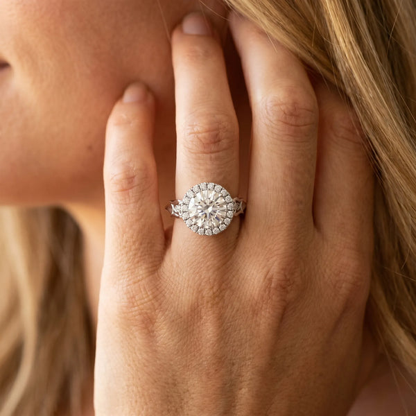 White gold Round Halo Diamond Engagement Ring with Filigree Band and Four-Prong Setting