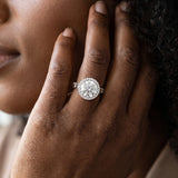White gold Round Halo Diamond Engagement Ring with Intricate Filigree Band and Four-Prong Setting_14