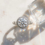 White gold Round Halo Diamond Engagement Ring with Intricate Filigree Band and Four-Prong Setting_15