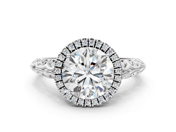 White gold Round Halo Diamond Engagement Ring with Intricate Filigree Band and Four-Prong Setting