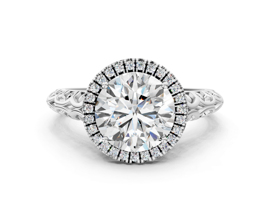 White gold Round Halo Diamond Engagement Ring with Intricate Filigree Band and Four-Prong Setting