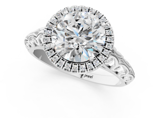 White gold Round Halo Diamond Engagement Ring with Intricate Filigree Band and Four-Prong Setting