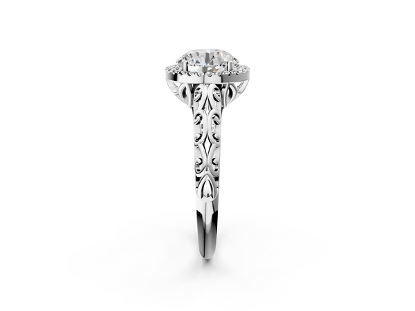 White gold Round Halo Diamond Engagement Ring with Intricate Filigree Band and Four-Prong Setting