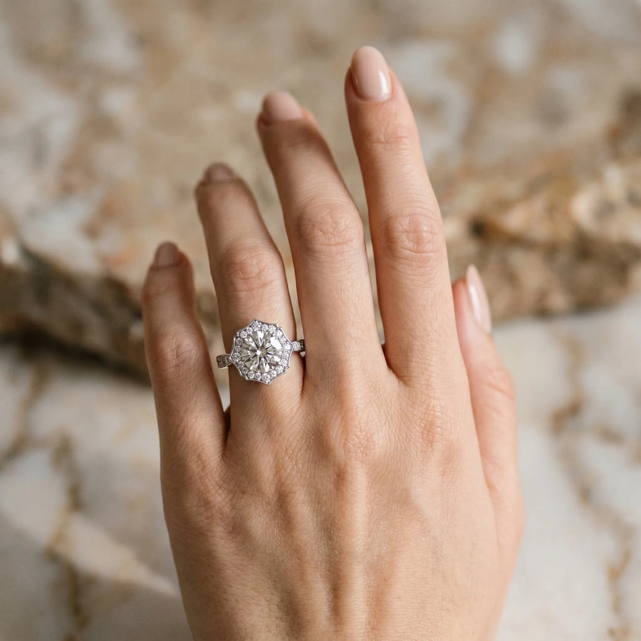 White gold Round Halo Diamond Engagement Ring with Milgrain Band and Four-Prong Setting