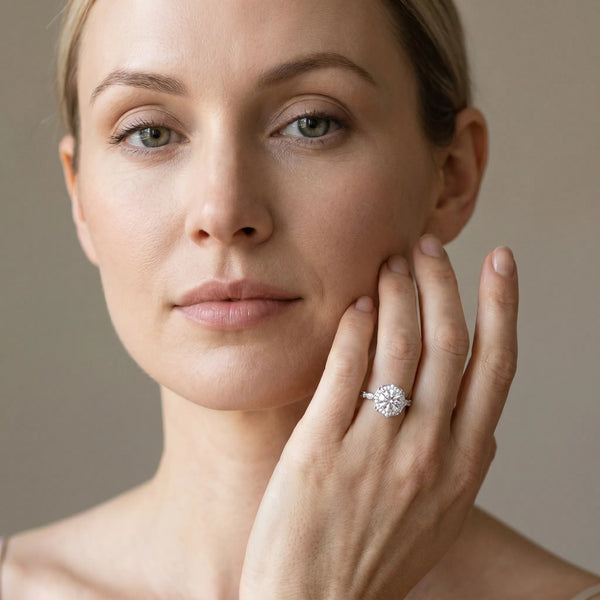 White gold Round Halo Diamond Engagement Ring with Milgrain Band and Four-Prong Setting