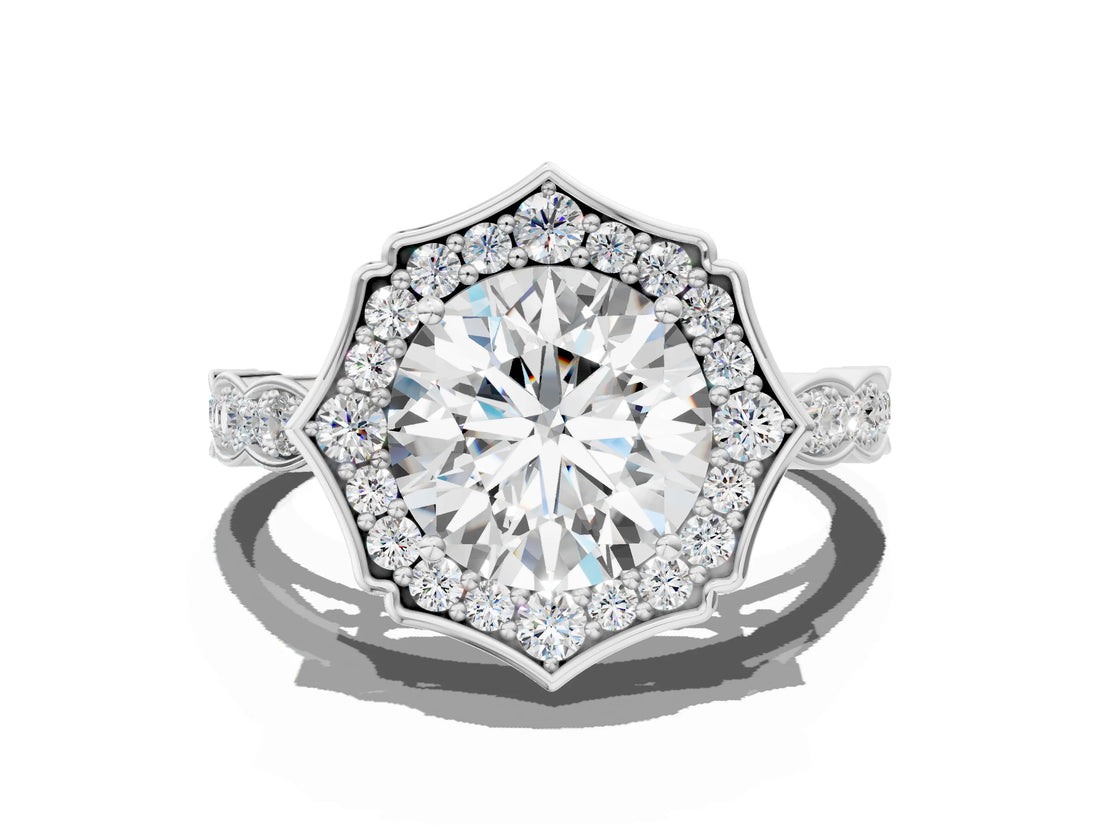White gold Round Halo Diamond Engagement Ring with Milgrain Band and Four-Prong Setting_55