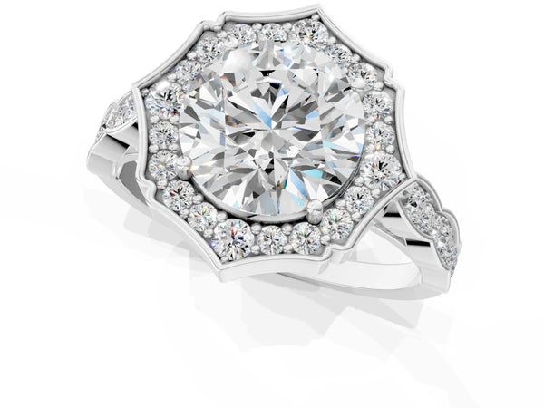 White gold Round Halo Diamond Engagement Ring with Milgrain Band and Four-Prong Setting