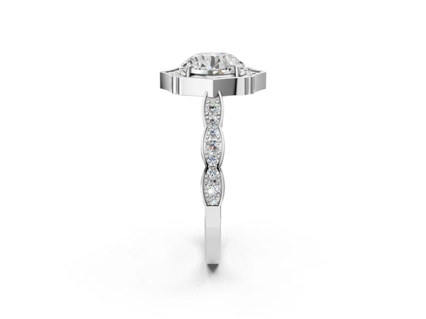 White gold Round Halo Diamond Engagement Ring with Milgrain Band and Four-Prong Setting