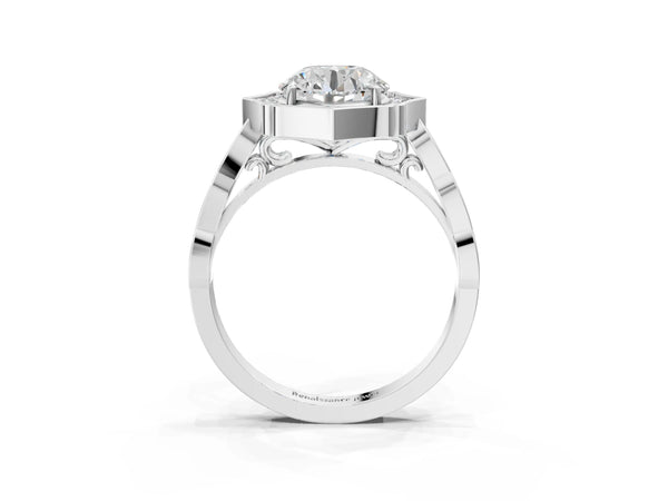 White gold Round Halo Diamond Engagement Ring with Milgrain Band and Four-Prong Setting