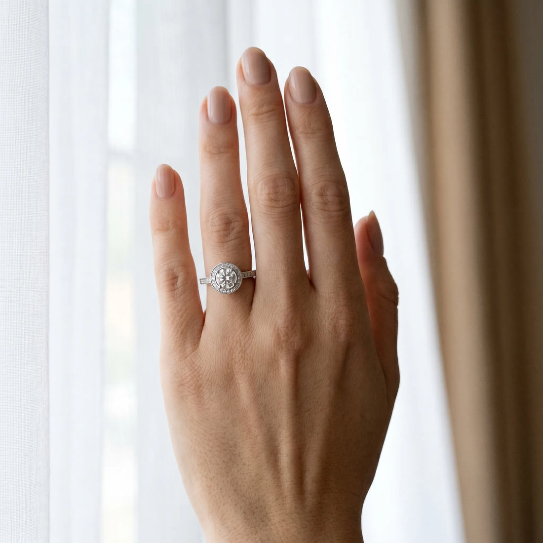 White gold Round Halo Diamond Engagement Ring with Milgrain Pave Band and Four-Prong Setting_12