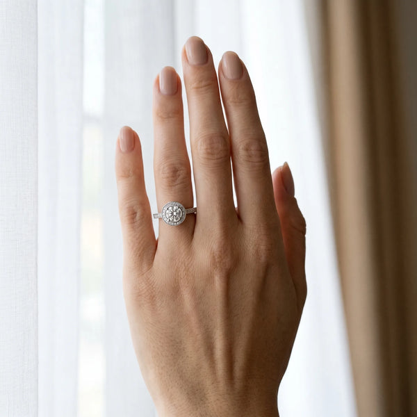 White gold Round Halo Diamond Engagement Ring with Milgrain Pave Band and Four-Prong Setting