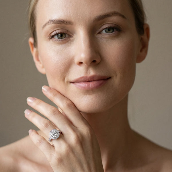White gold Round Halo Diamond Engagement Ring with Milgrain Pave Band and Four-Prong Setting