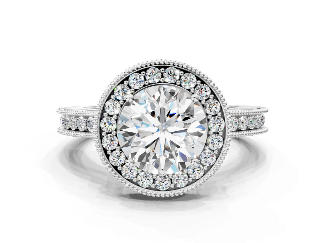 White gold Round Halo Diamond Engagement Ring with Milgrain Pave Band and Four-Prong Setting_94