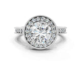 White gold Round Halo Diamond Engagement Ring with Milgrain Pave Band and Four-Prong Setting_94