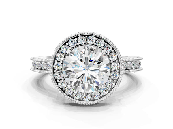 White gold Round Halo Diamond Engagement Ring with Milgrain Pave Band and Four-Prong Setting