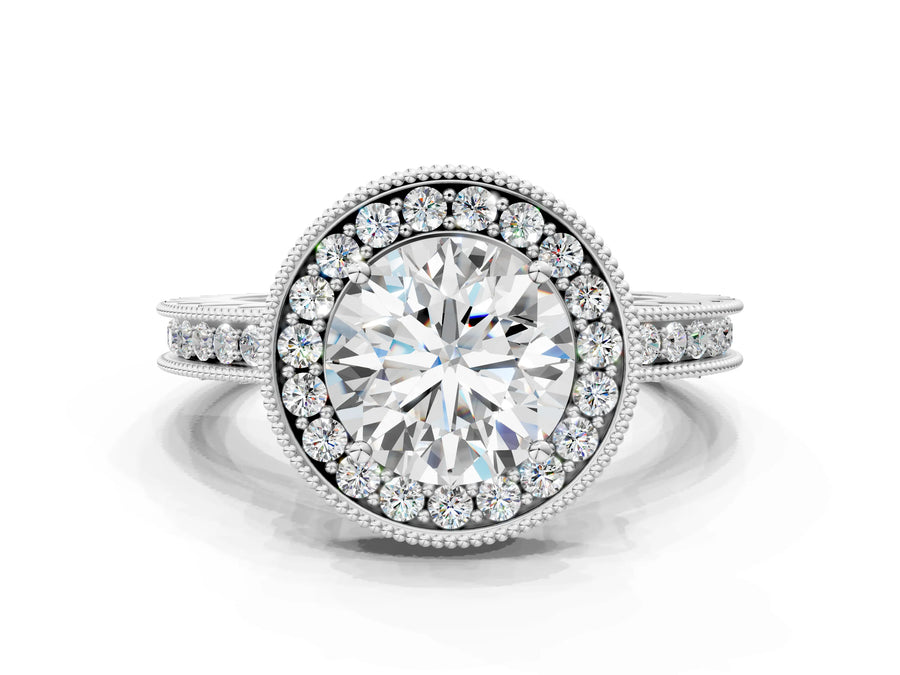 White gold Round Halo Diamond Engagement Ring with Milgrain Pave Band and Four-Prong Setting