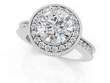 White gold Round Halo Diamond Engagement Ring with Milgrain Pave Band and Four-Prong Setting_95