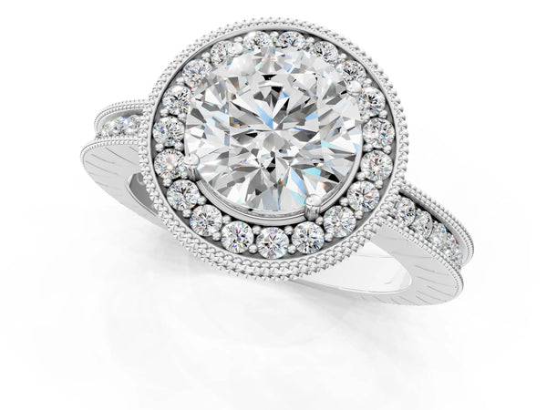 White gold Round Halo Diamond Engagement Ring with Milgrain Pave Band and Four-Prong Setting