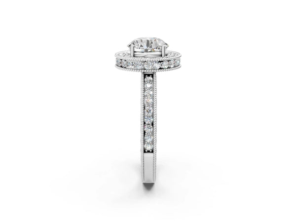 White gold Round Halo Diamond Engagement Ring with Milgrain Pave Band and Four-Prong Setting