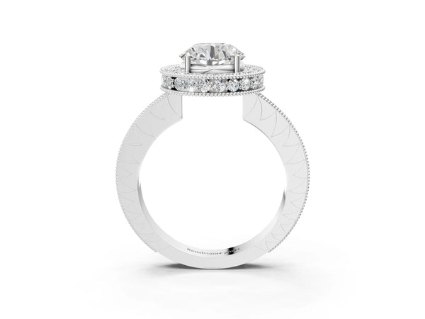 White gold Round Halo Diamond Engagement Ring with Milgrain Pave Band and Four-Prong Setting