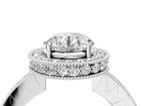 White gold Round Halo Diamond Engagement Ring with Milgrain Pave Band and Four-Prong Setting_98