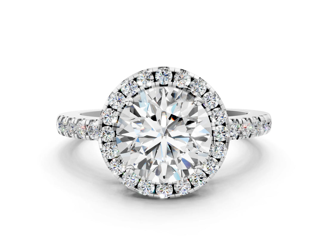 White gold Round Halo Diamond Engagement Ring with Pavé Band and Four-Prong Setting_99
