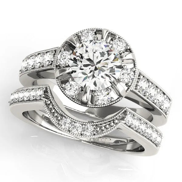 White gold Round Halo Diamond Engagement Ring with Pave Band and Claw Prong Setting