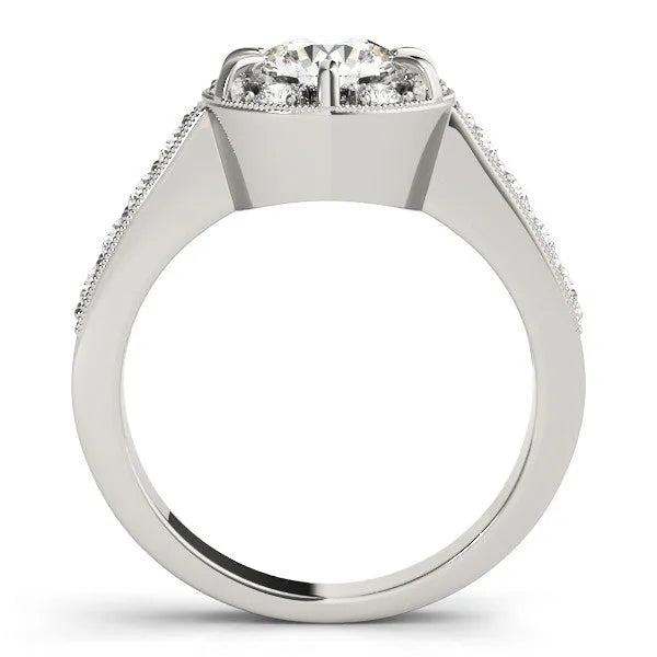 White gold Round Halo Diamond Engagement Ring with Pave Band and Claw Prong Setting