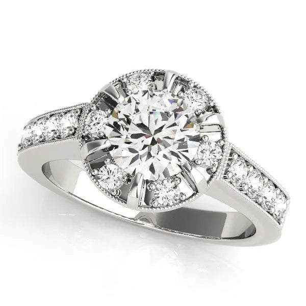 White gold Round Halo Diamond Engagement Ring with Pave Band and Claw Prong Setting