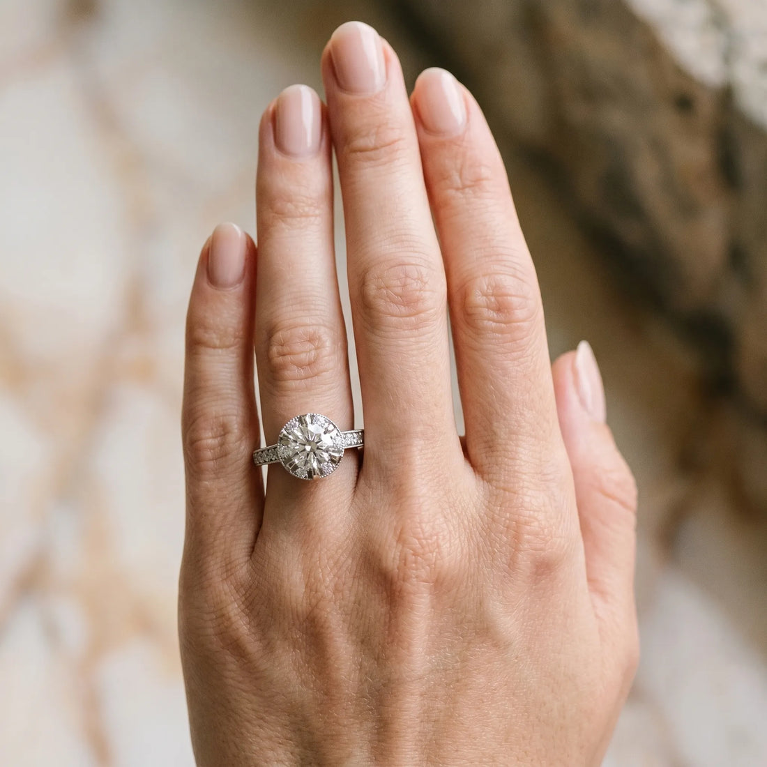 White gold Round Halo Diamond Engagement Ring with Pave Band and Claw Prong Setting_6