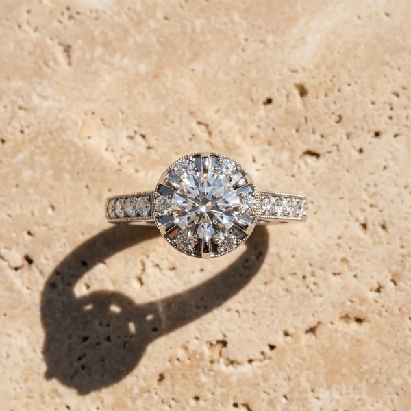 White gold Round Halo Diamond Engagement Ring with Pave Band and Claw Prong Setting