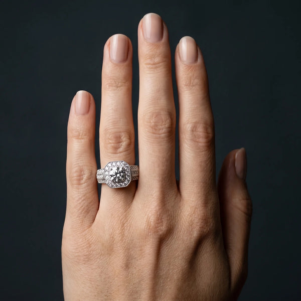 White gold Round Halo Diamond Engagement Ring with Pave Split Shank and Four-Prong Setting