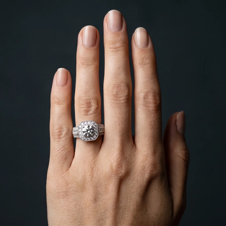 White gold Round Halo Diamond Engagement Ring with Pave Split Shank and Four-Prong Setting