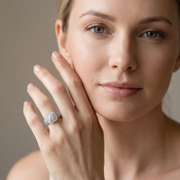 White gold Round Halo Diamond Engagement Ring with Pave Split Shank and Four-Prong Setting